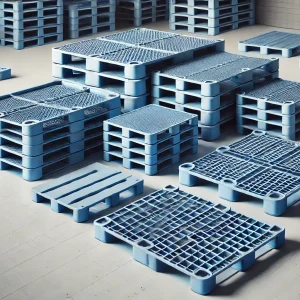 DALL·E 2024-11-30 10.53.08 - A set of plastic pallets in various sizes, designed for industrial and warehouse use. The pallets are blue with smooth top surfaces, reinforced edges,