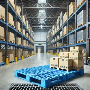 DALL·E 2024-11-30 10.56.25 - A realistic scene of plastic pallets in a warehouse environment being used for storage and transportation. The pallets are blue, stacked with various